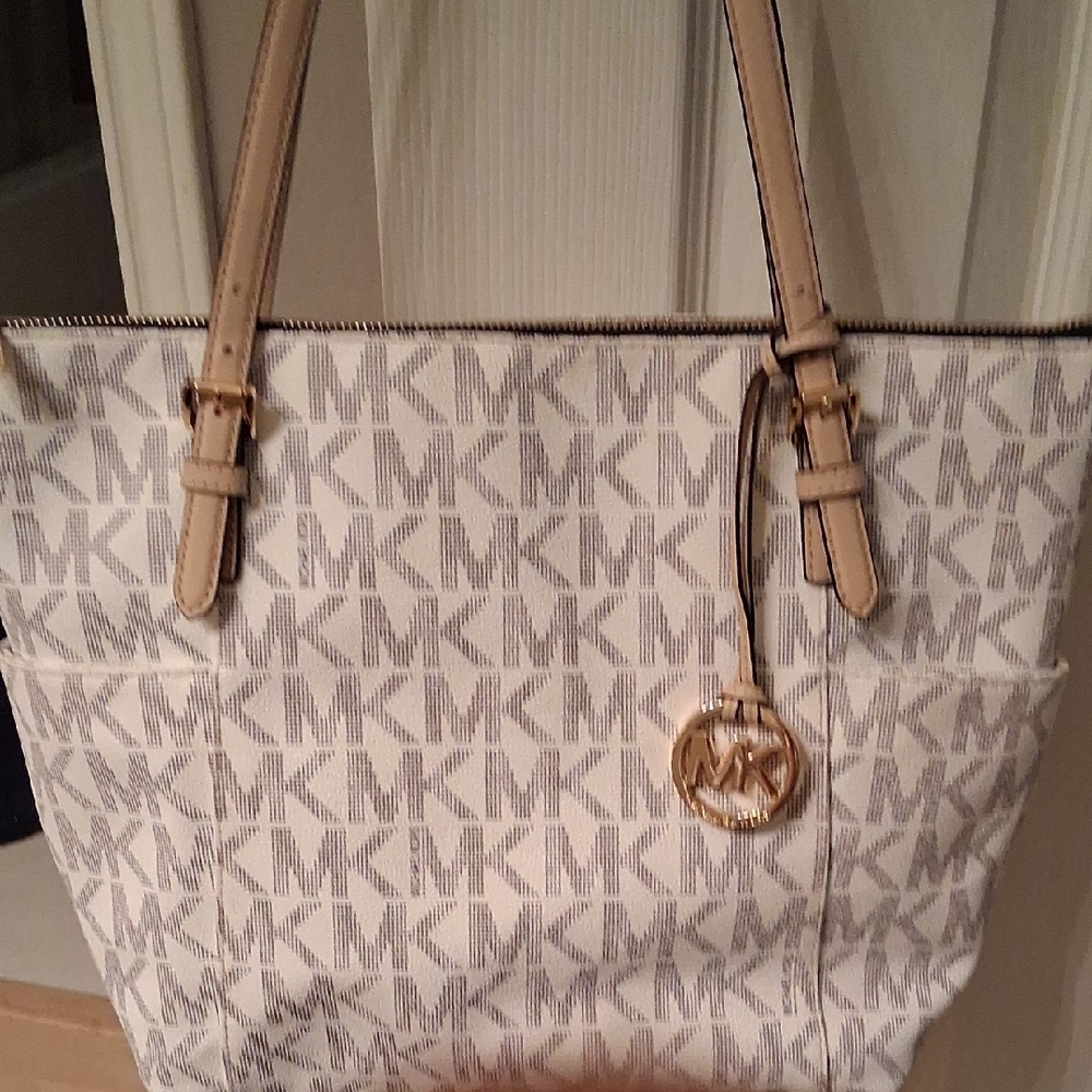 Michael Kors Cream & Tan Monogram Tote with Blue Accents